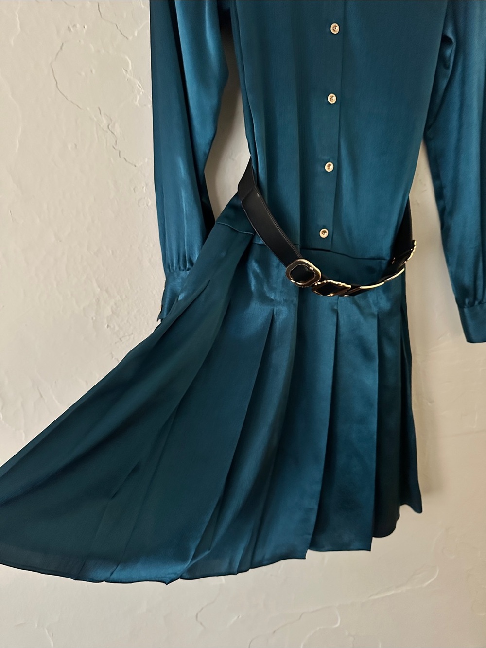 Karl Lagerfeld Teal Satin Long-Sleeve Button-Down Belted Midi Shirt Dress - Picture 10 of 15
